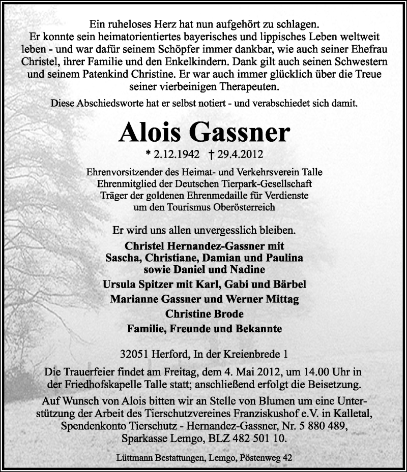  Traueranzeige für Alois Gassner vom 01.05.2012 aus Lippische Landes-Zeitung