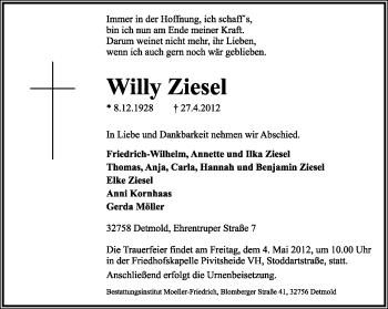 Anzeige  Willy Ziesel  Lippische Landes-Zeitung