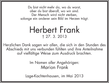 Anzeige  Herbert Frank  Lippische Landes-Zeitung