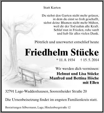 Anzeige  Friedhelm Stücke  Lippische Landes-Zeitung