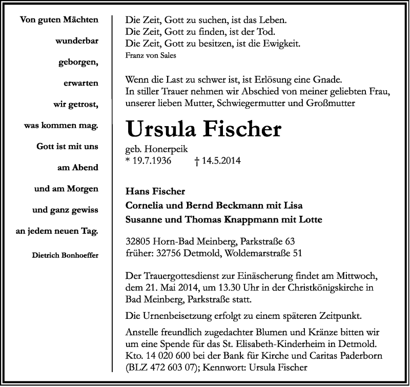  Traueranzeige für Ursula Fischer vom 19.05.2014 aus Lippische Landes-Zeitung