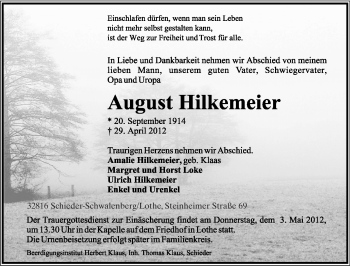 Anzeige  August Hilkemeier  Lippische Landes-Zeitung