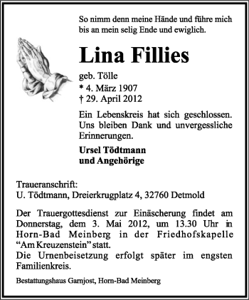Anzeige  Lina Fillies  Lippische Landes-Zeitung