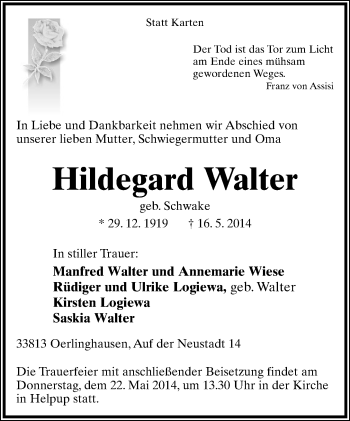Anzeige  Hildegard Walter  Lippische Landes-Zeitung