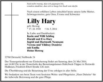 Anzeige  Lilly Hary  Lippische Landes-Zeitung