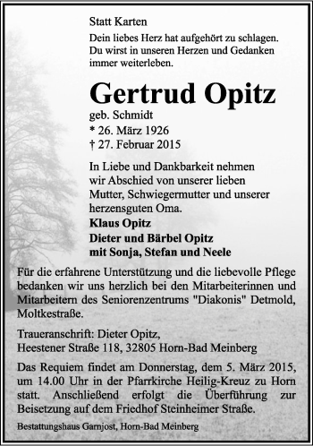 Anzeige  Gertrud Optiz  Lippische Landes-Zeitung