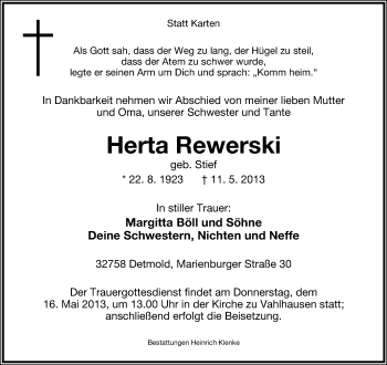 Anzeige  Herta Rewerski  Lippische Landes-Zeitung