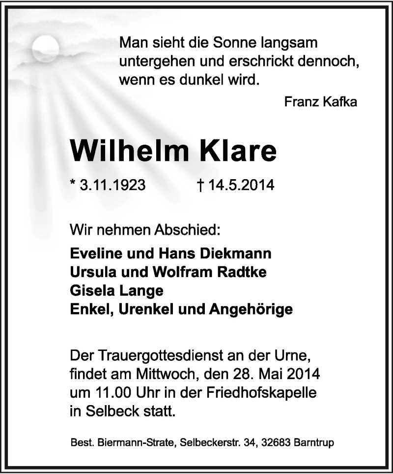  Traueranzeige für Wilhelm Klare vom 23.05.2014 aus Lippische Landes-Zeitung