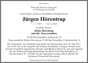 Anzeige  Jürgen Hörentrup  Lippische Landes-Zeitung