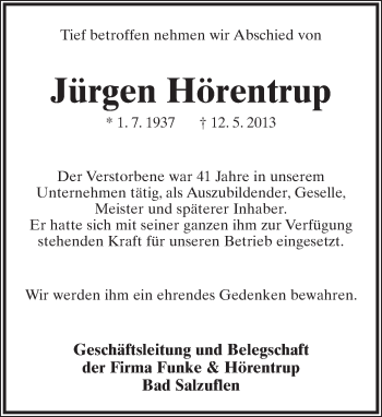 Anzeige  Jürgen Hörentrup  Lippische Landes-Zeitung