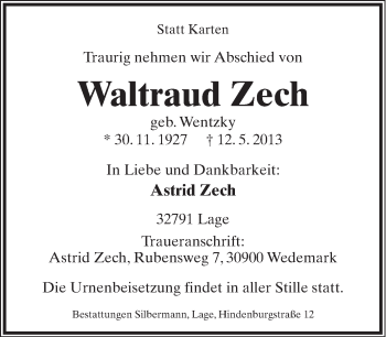 Anzeige  Waltraud Zech  Lippische Landes-Zeitung