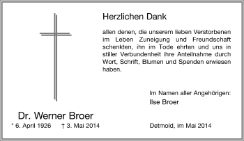 Anzeige  Werner Broer  Lippische Landes-Zeitung