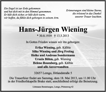 Anzeige  Hans-Jürgen Wiening  Lippische Landes-Zeitung