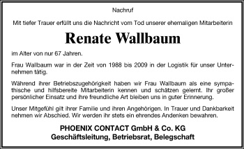 Anzeige  Renate Wallbaum  Lippische Landes-Zeitung