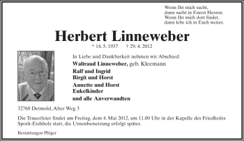 Anzeige  Herbert Linneweber  Lippische Landes-Zeitung