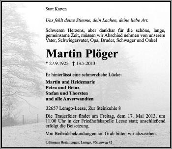 Anzeige  Martin Plöger  Lippische Landes-Zeitung