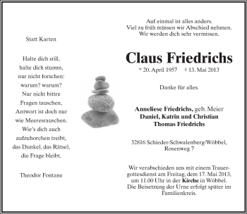 Anzeige  Claus Friedrichs  Lippische Landes-Zeitung
