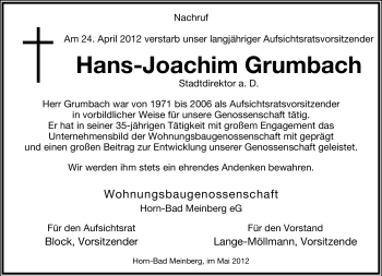 Anzeige  Hans-Joachim Grumbach  Lippische Landes-Zeitung