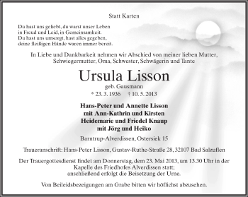 Anzeige  Ursula Lisson  Lippische Landes-Zeitung
