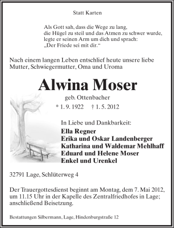 Anzeige  Alwina Moser  Lippische Landes-Zeitung