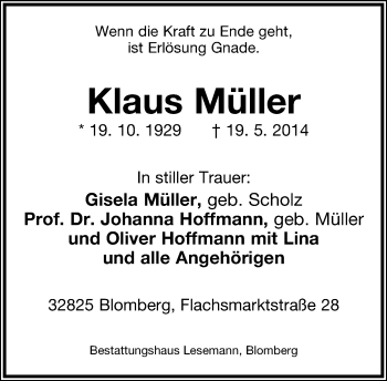 Anzeige  Klaus Müller  Lippische Landes-Zeitung