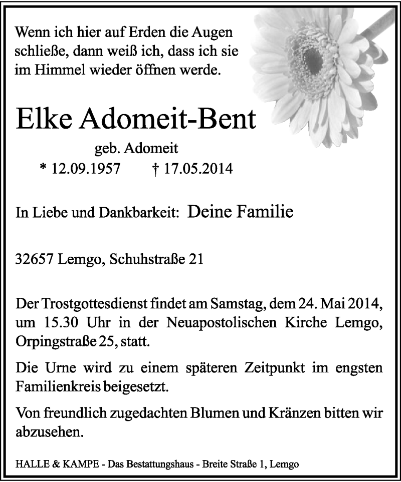  Traueranzeige für Elke Adomeit-Bent vom 21.05.2014 aus Lippische Landes-Zeitung