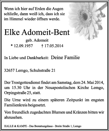 Anzeige  Elke Adomeit-Bent  Lippische Landes-Zeitung