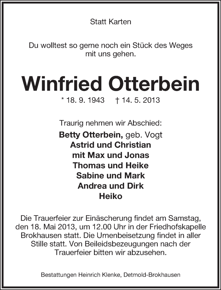  Traueranzeige für Winfried Otterbein vom 16.05.2013 aus Lippische Landes-Zeitung