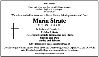 Anzeige  Maria Strate  Lippische Landes-Zeitung