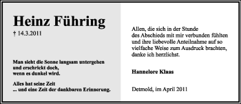 Anzeige  Heinz Führing  Lippische Landes-Zeitung