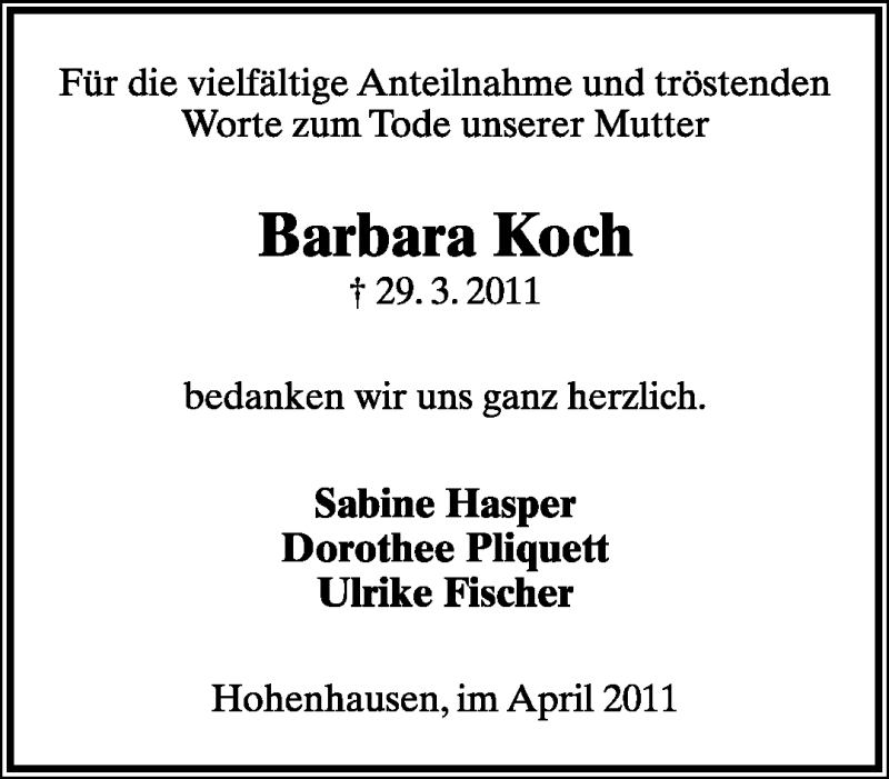  Traueranzeige für Barbara Koch vom 22.04.2011 aus Lippische Landes-Zeitung