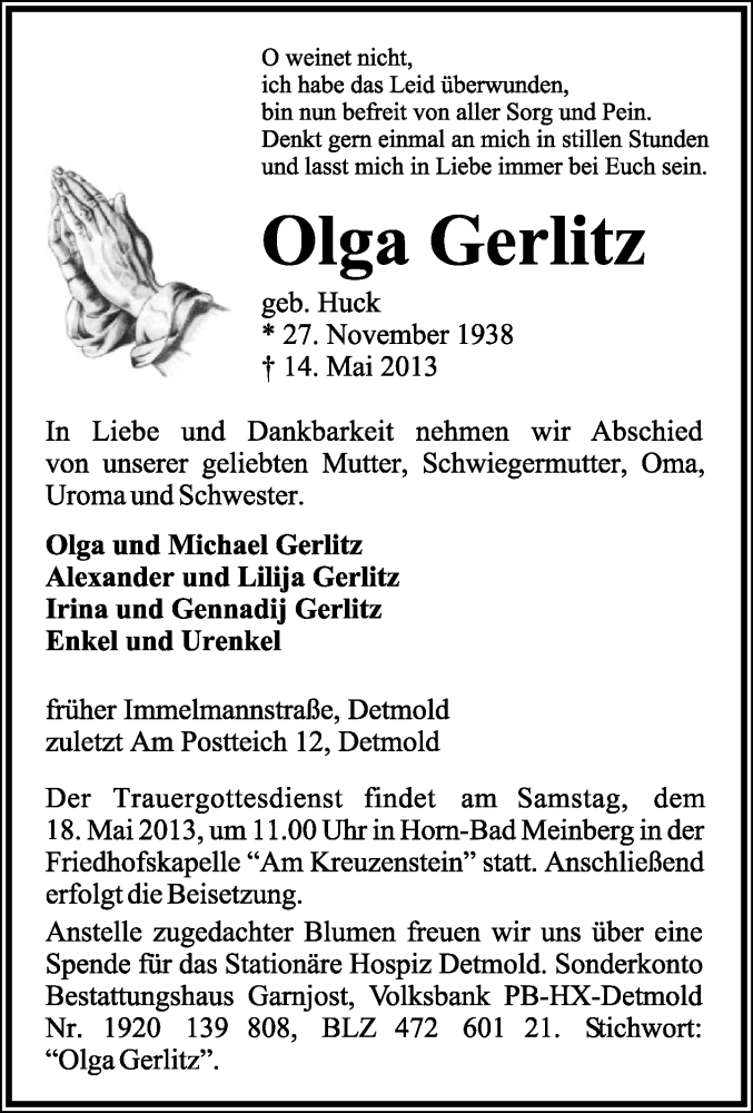  Traueranzeige für Olga Gerlitz vom 16.05.2013 aus Lippische Landes-Zeitung