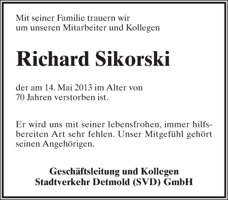 Traueranzeige für Richard Sikorski  vom 25.05.2013 aus Lippische Landes-Zeitung