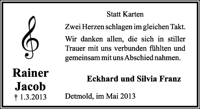  Traueranzeige für Rainer Jacob vom 18.05.2013 aus Lippische Landes-Zeitung
