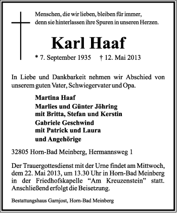 Anzeige  Karl Haaf  Lippische Landes-Zeitung