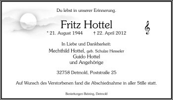 Anzeige  Fritz Hottel  Lippische Landes-Zeitung