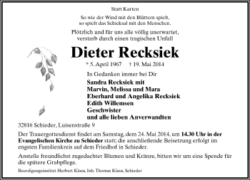 Anzeige  Dieter Recksiek  Lippische Landes-Zeitung