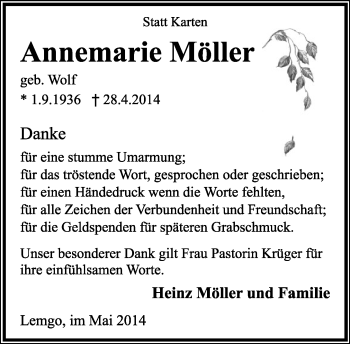 Anzeige  Annemarie Möller  Lippische Landes-Zeitung
