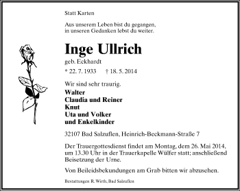 Anzeige  Inge Ullrich  Lippische Landes-Zeitung