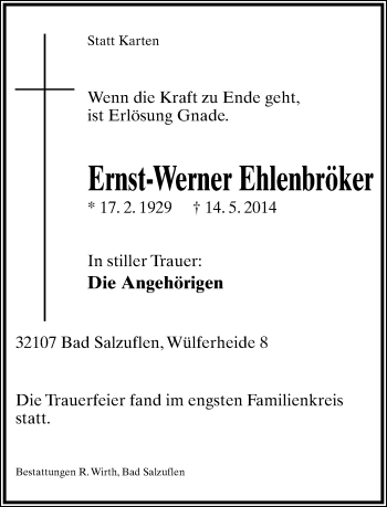 Anzeige  Ernst-Werner Ehlenbröker  Lippische Landes-Zeitung