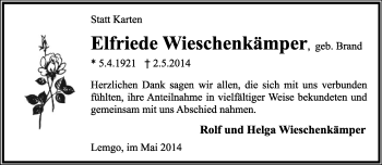 Anzeige  Elfriede Wieschenkämper  Lippische Landes-Zeitung
