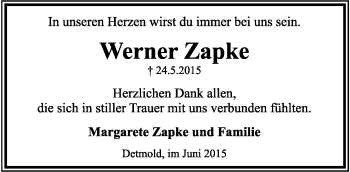 Anzeige  Werner Zapke  Lippische Landes-Zeitung