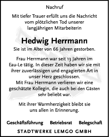 Anzeige  Hedwig Herrmann  Lippische Landes-Zeitung