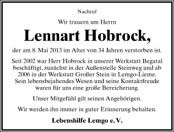 Anzeige  Lennart Hobrock  Lippische Landes-Zeitung