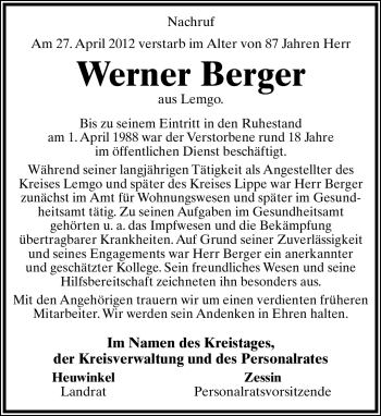 Anzeige  Werner Berger  Lippische Landes-Zeitung