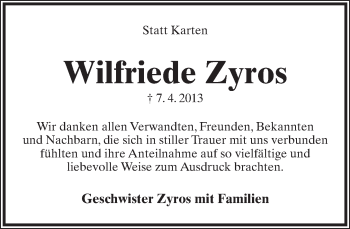 Anzeige  Wilfriede Zyros  Lippische Landes-Zeitung