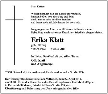 Anzeige  Erika Klatt  Lippische Landes-Zeitung