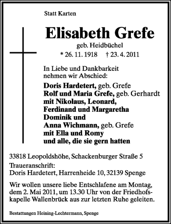 Anzeige  Elisabeth Grefe  Lippische Landes-Zeitung