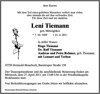 Anzeige  Leni Tiemann  Lippische Landes-Zeitung