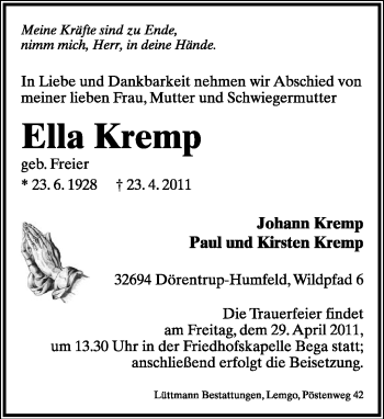 Anzeige  Ella Kremp  Lippische Landes-Zeitung